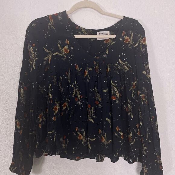 Holding Horses Anthropologie Black with Orange Floral Print Flowy Long Sleeve Bl - Picture 4 of 10